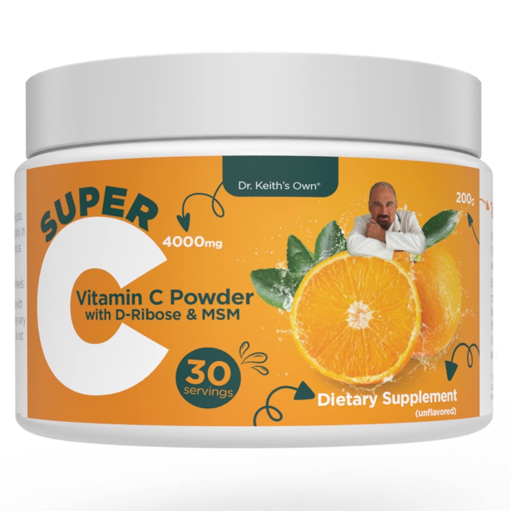 Dr. Keith独自のスーパーC-高用量粉末ビタミンC 4000mgとD-Ribose、グリシン、MSM-高吸収性、胃フレンドリー、コラーゲンブースト、免疫サポート不燃、200グラム(30サービング)