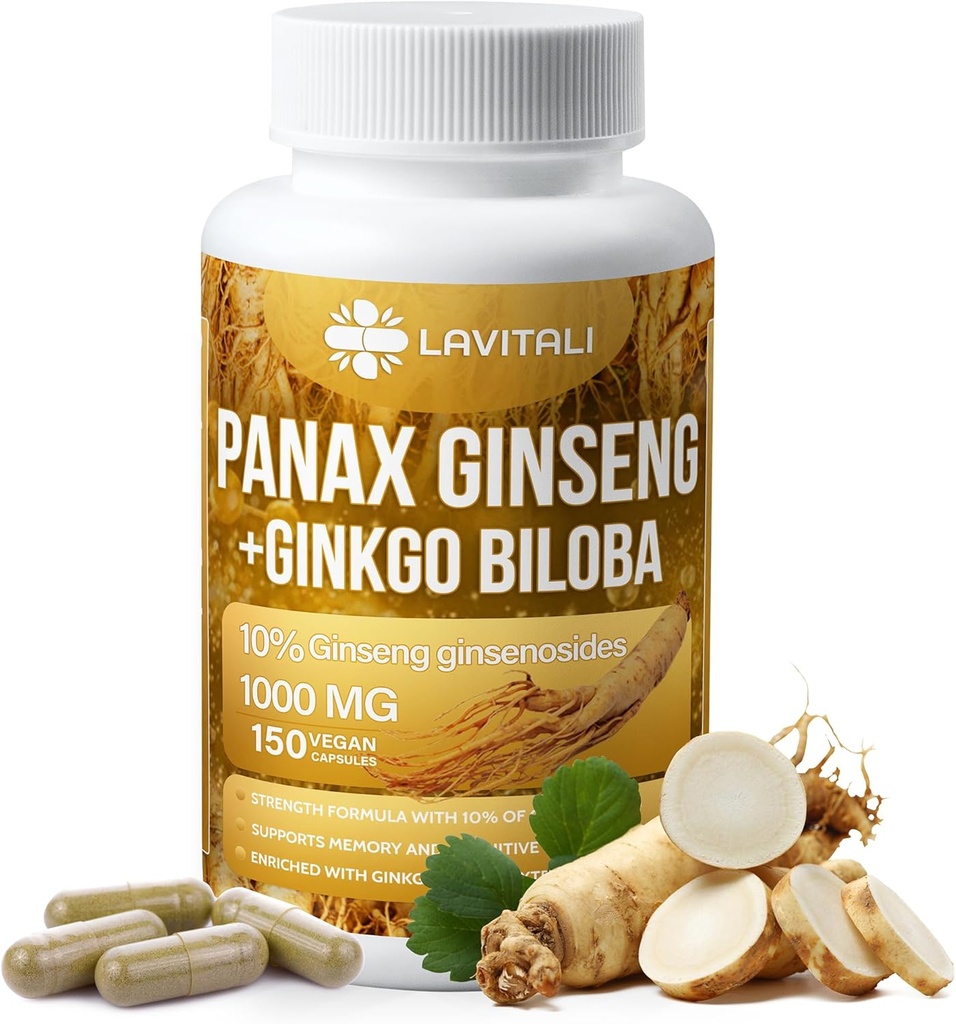Ginseng&Ginkgo Biloba 150ベジーカプセル、エネルギーGinsengルートエキスパウダー、Ginkgo Bilobaエキス、100%ナチュラル&非GMO、ビーガン、グルテンフリー、乳製品無料