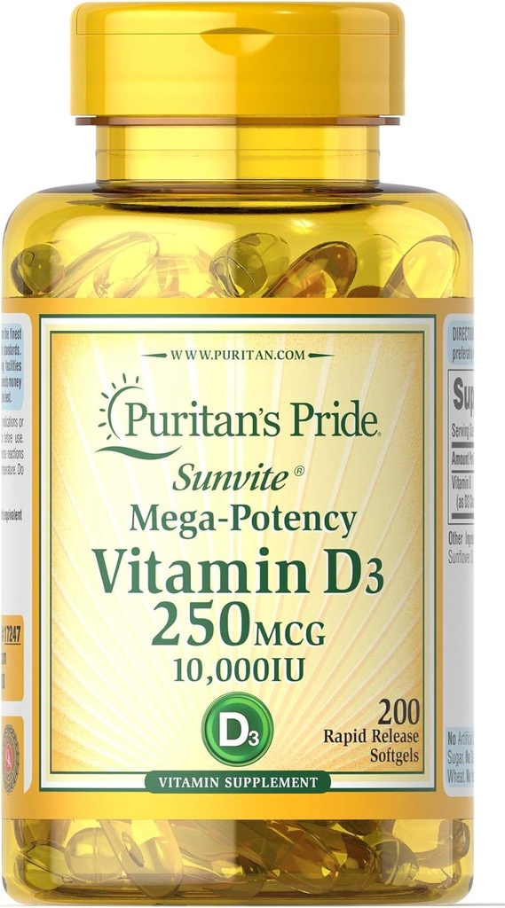 PuritanのプライドビタミンD3 250 mcg(10,000 IU)Softgels、200の計算