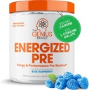 Genius Energized Pre Workout Powder - Caffeine Infused Pre-Workout Booster Supplement with Beta Alanine & Alpha GPC、人工甘味料や染料なし - 200mgカフェイン、20サービング、ブルーラズベリー