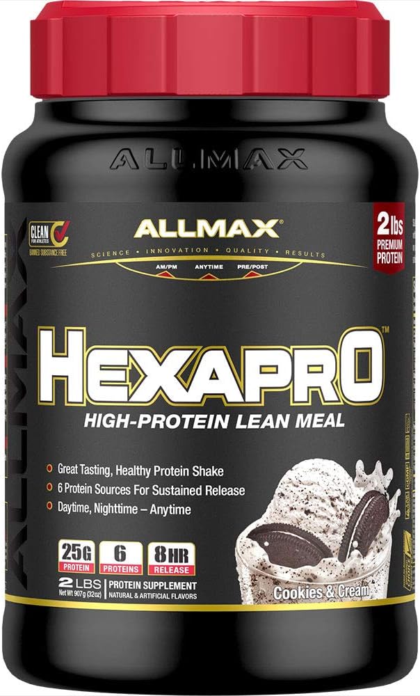 ALLMAX HEXAPRO、クッキー&クリーム - 2 lb - 25 サービングあたりのタンパク質のグラム - 8 時間の持続的なリリース - ゼロ砂糖 - 21 サービング