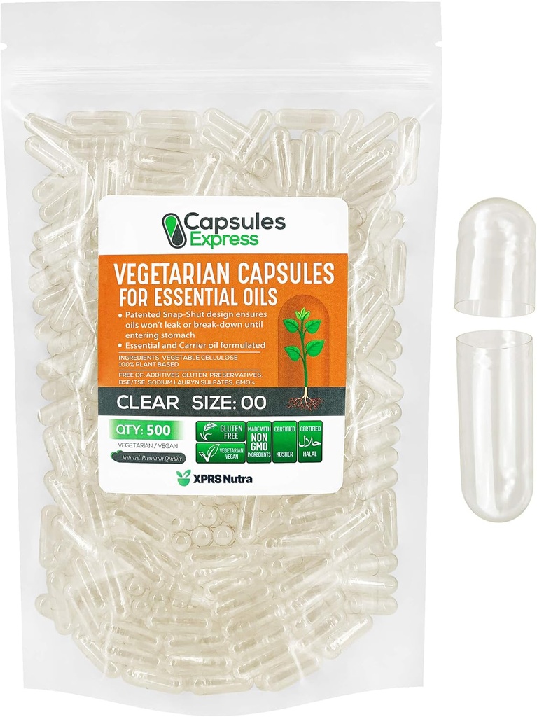 XPRS Nutra Size 00 Empty Vegan Capsules - 500 Count Clear Veggie Capsules for Essential Oils - Empty Vegetable Caps - DIY Filling Works with Most Oil