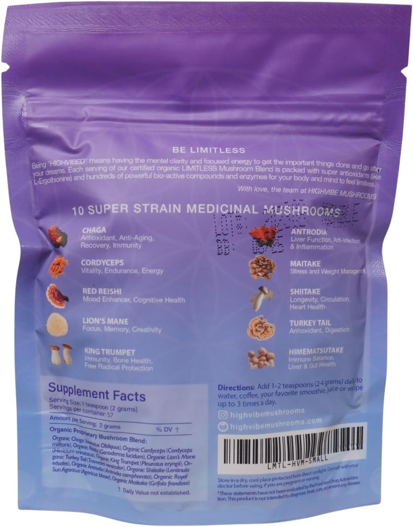 Highvibeのきのこの限定のきのこの粉、10in-1のきのこのブレンド、完全なスペクトルのmyceliumおよびフルーツ ボディ、有機性、ビーガン、コーシャ、GFの集中されたエネルギー