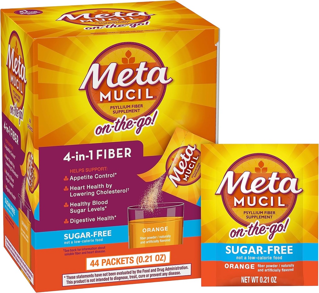 Metamucil On-The-Go、毎日のサイリウムの殻の粉の補足、砂糖なしの粉、消化器の健康のための4 1繊維、オレンジ風味の飲み物、44のパケット