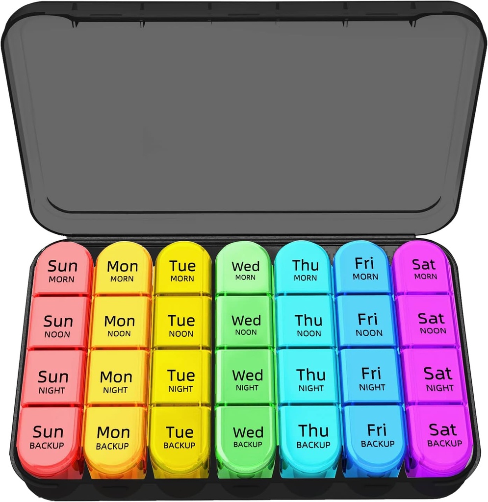 Zoksi 7日ピルオーガナイザー4日、週刊ピルボックス、旅行ピルケース、毎日の薬のオーガナイザー、魚油、ビタミンまたはサプリメントのための28ポータブルコンパートメントを備えた薬用容器(黒)