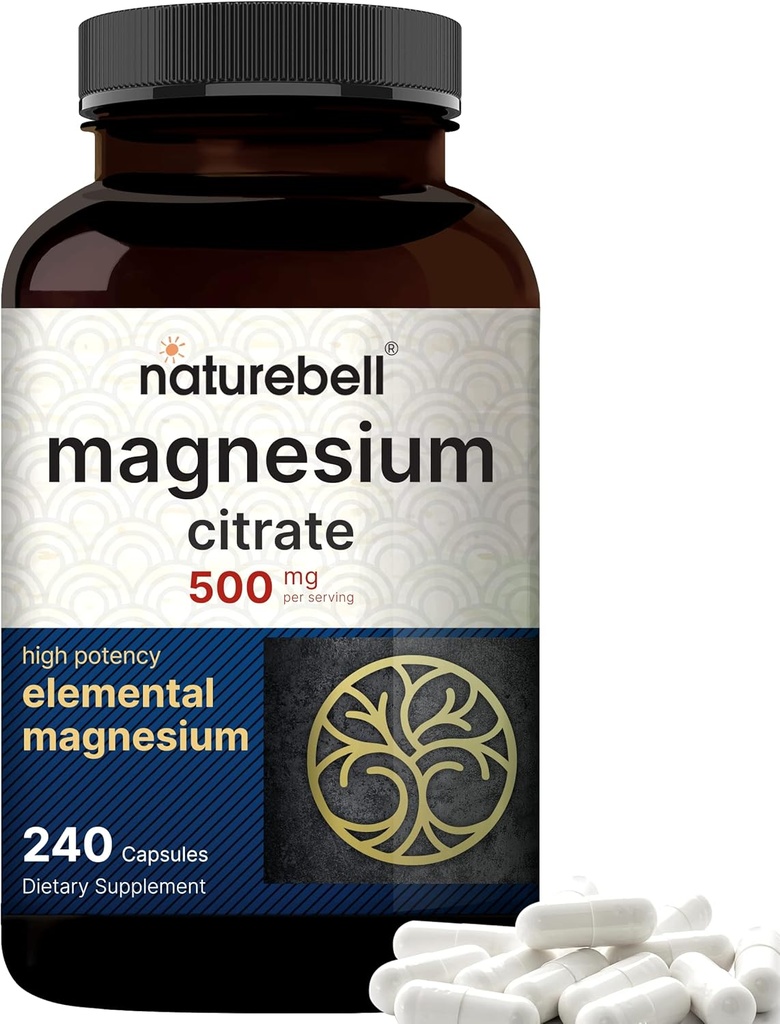 NatureBellのマグネシウムのクエン酸塩500mg、240のカプセル 高純度の要素の形態 中心、筋肉及び消化器サポート 非GMOのグルテンフリー