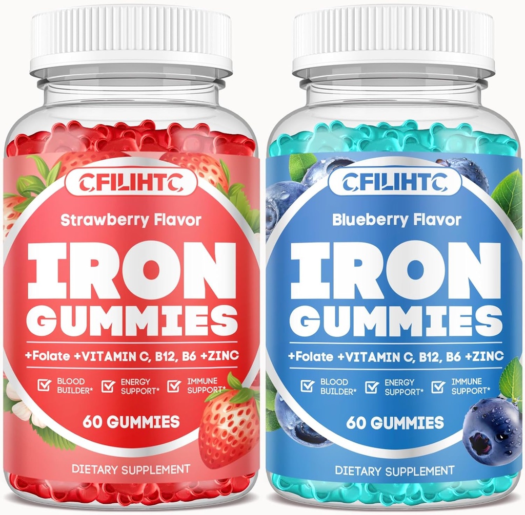 2 Pack Iron Gummies for Adults & Kids Iron Supplement Strawberry Blueberry Flavor