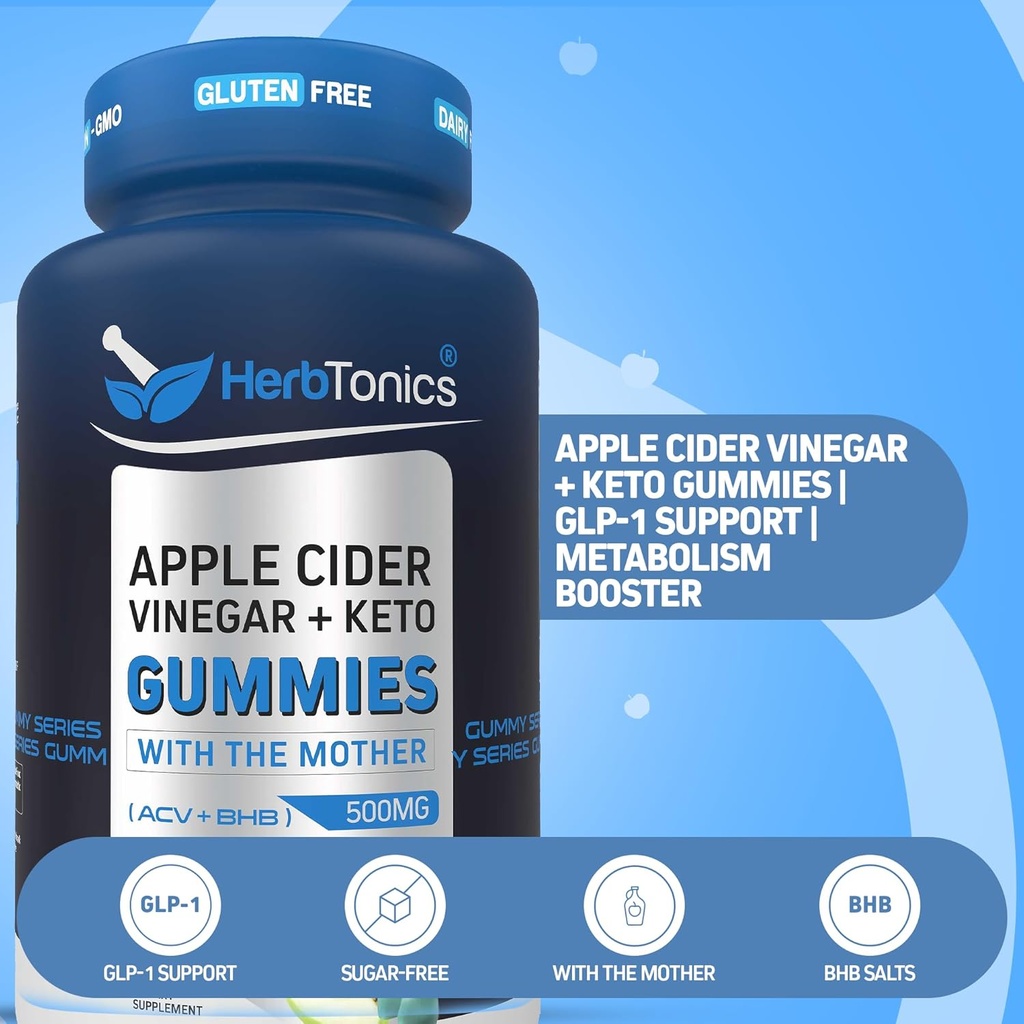 Herbtonics Keto Apple Cider Vinegar Gummies - Digestion & Detox Support - Sugar Free BHB Advanced Formula for Keto Support - Raw ACV with The Mother - 120 Vegan ACV Gummies