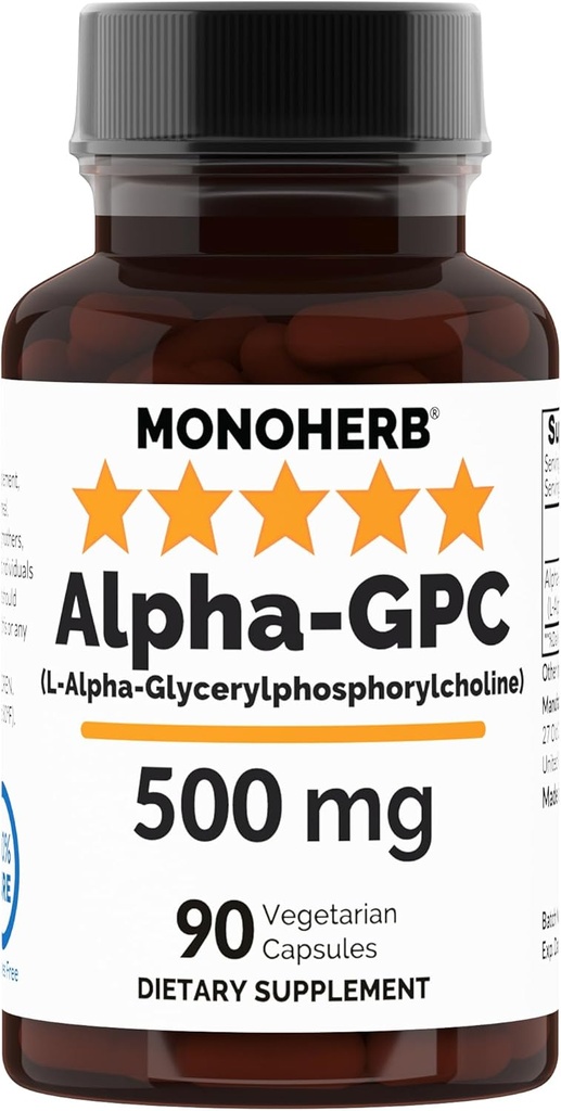 MONOHERBアルファGPC 500mg - 90ビーガンカプセル、脳サポート、焦点、記憶、動機およびエネルギーのための向知性