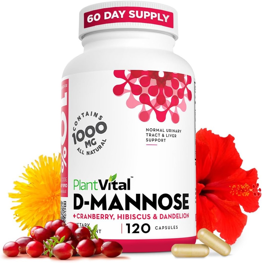 Plantvital D Mannose Capsules with Cranberry - D-mannose 1000mg Capsules - High Potency for Bladder, Kidney and Urinary Tract Support. Cranberry Powder with Hibiscus and Dandelion. 2 Months Supply