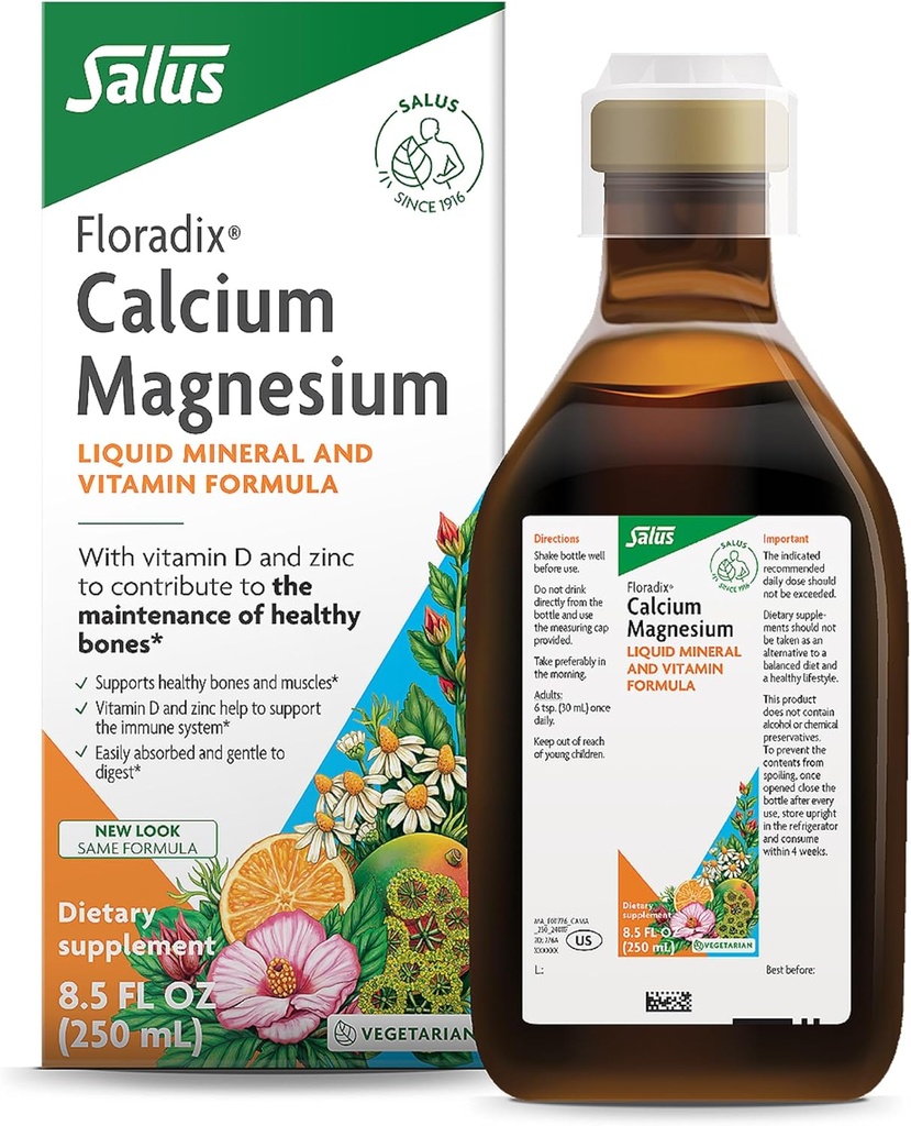 Floradix Calcium Magnesium Liquid Mineral & Vitamin Formula - Bone Support Supplement with Calcium, Magnesium, Vitamin D & Zinc - Vegetarian & Non-GMO - 8.5 fl oz