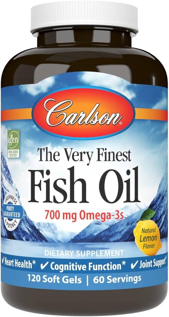 カールソン - 非常に最高級の魚油、700 mg Omega-3s、ノルウェーの魚油サプリメント、ワイルドキャッチオメガ-3魚油、持続的に供給された魚油カプセル、オメガ3サプリメント、レモン、120 Softgels