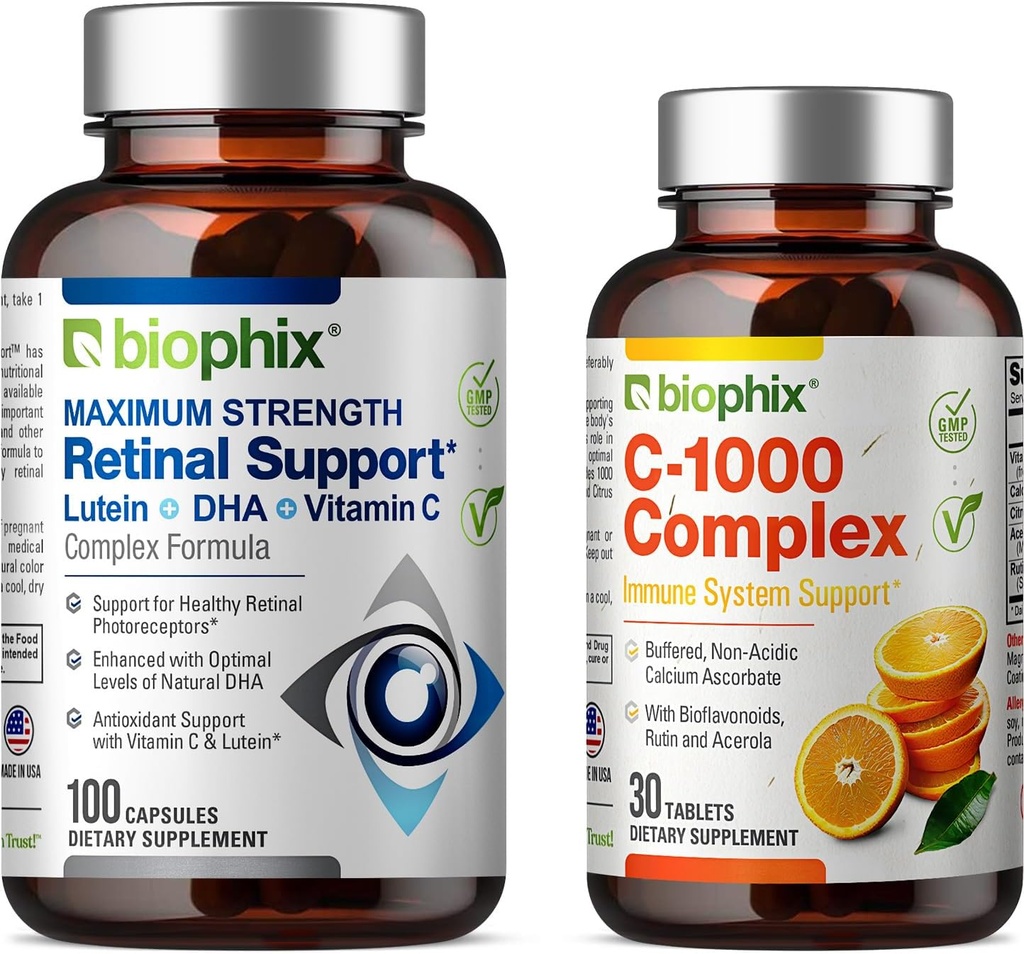 Biophix Retinalサポート最大強度コンプレックスフォーミュラ100カプセル - 無料C-1000 30錠 - 亜鉛ビタミンC E Lutein DHA Omega-3アスタキサンチンヒアルロン酸 - サポート眼科健康