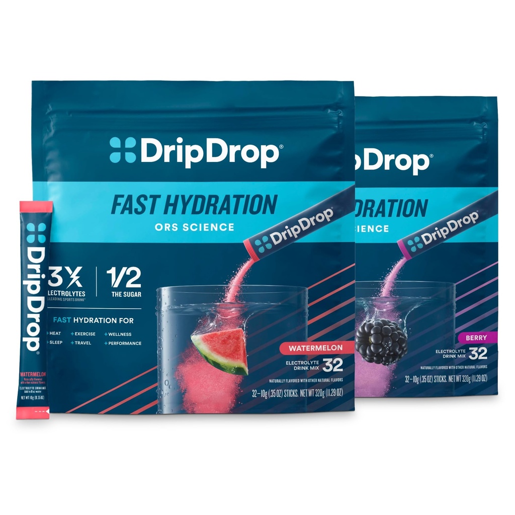 DripDrop Hydration - 電解液パウダーパケット - ウォーターメロン&ベリー - 64 カウント