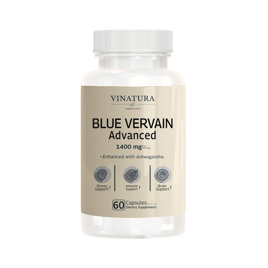 VINATURA Blue Vervain Advanced with Ashwagandha - 1400mg per serv, Blue Vervain Capsules, Blue Vervain Tea Alternative, 脳の健康, ストレス救済, Ashwagandha Supplements - 60カプセル