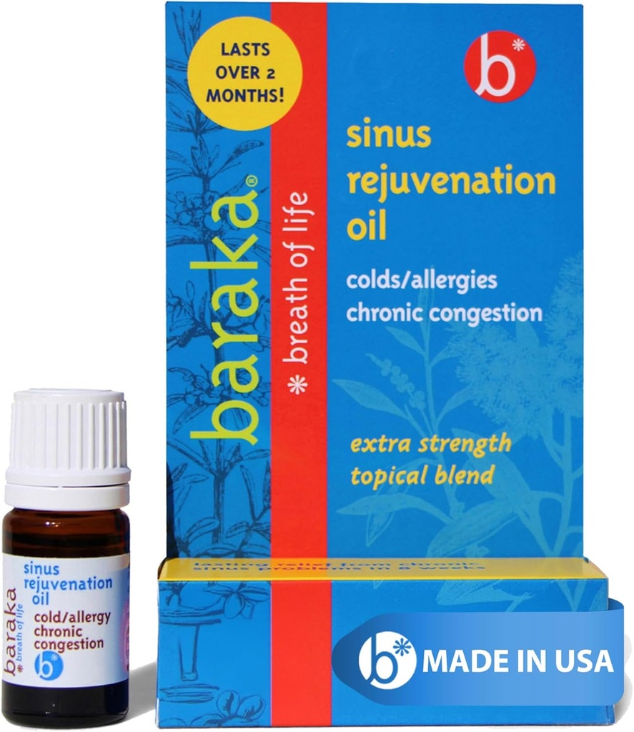 Baraka Sinus Rejuvenation Oil – 6種類のオーガニックエッセンシャルオイルをブレンドし、クリアな鼻の呼吸、Eases Sinusの圧力、およびリラックスした鼻の健康サポートを提供します。 | 毎日の使用に理想的– 4ml(1パック)