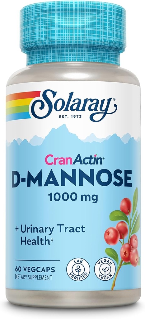 Solaray D-Mannose 1000mg with CranActin Cranberry Extract - D Mannose Cranberry Supplement with Vitamin C - 尿路と膀胱の健康をサポート - 完全菜食主義者、60日保証、30食、60 VegCaps
