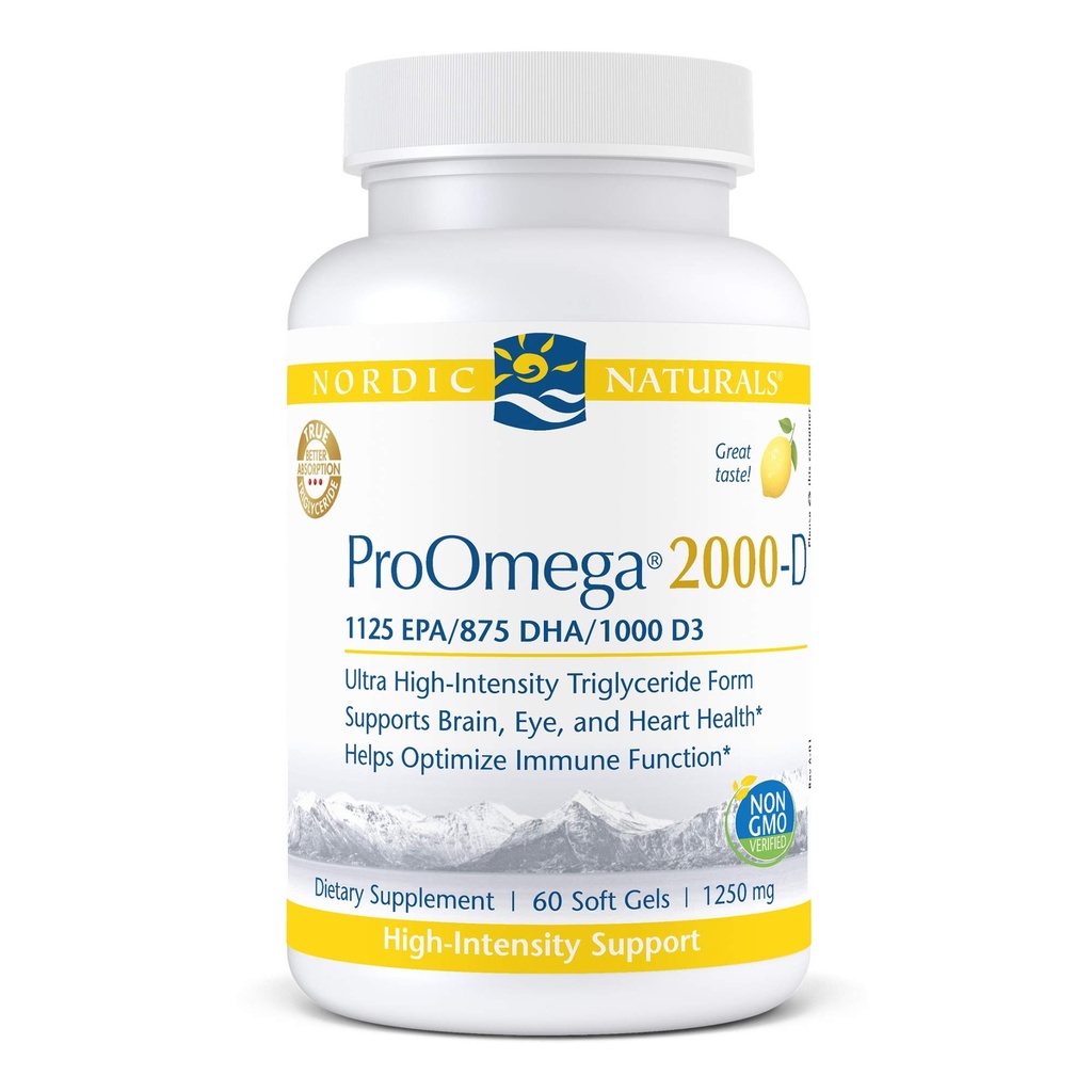 Nordic Naturals ProOmega 2000-D - 魚油、1125 mg EPA、875 mg DHA、1000 IU ビタミン D3、心臓血管、神経、目、免疫の健康、レモン風味、60 ソフトゲル