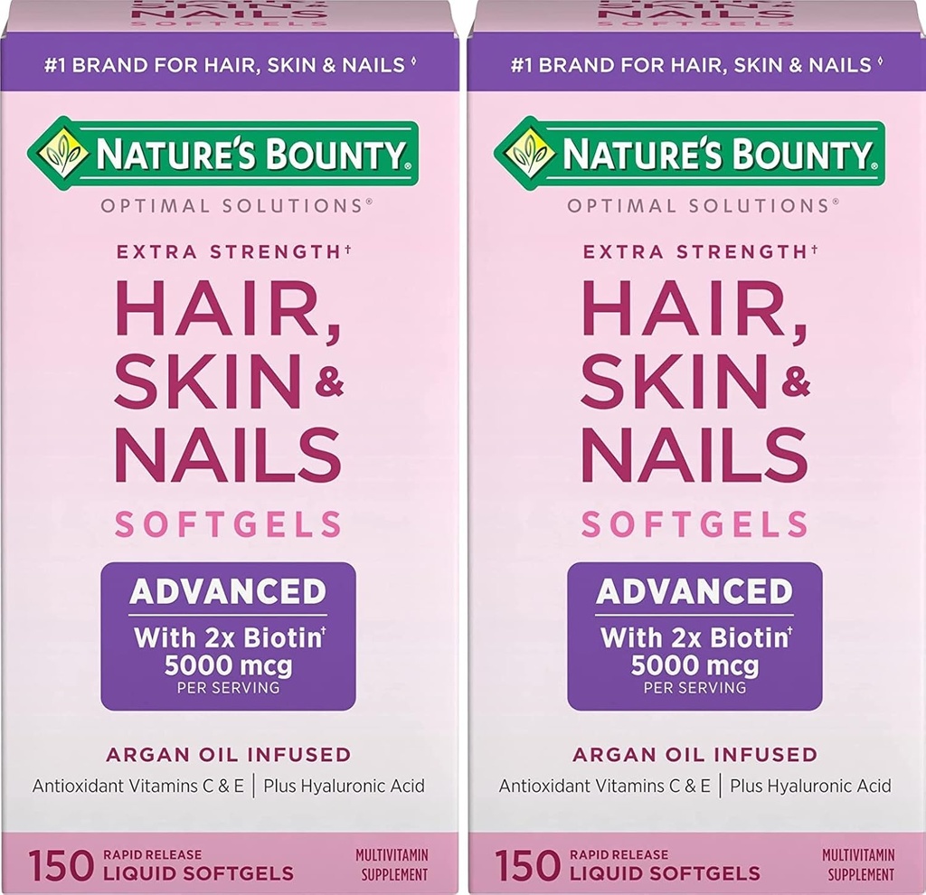 Nature's Bounty Hair, Skin & Nails Rapid Release Softgels, Argan-Infused Vitamin Supplement with Biotin and Hyaluronic Acid, 髪をサポート, 皮膚, 女性のための爪の健康, 150 カウント (パッケージ 2)