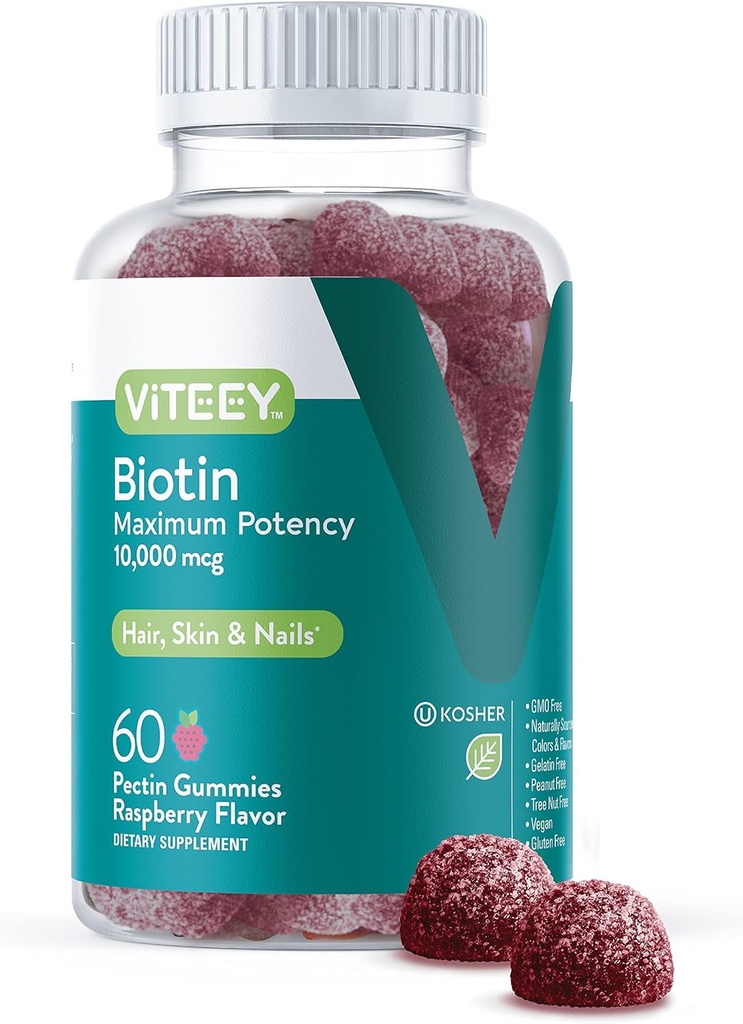 毛皮および釘のためのViteeyのビオチンのグミ - 毛の成長のグミのためのBiotin - 10,000のmcg - ビーガン、グルテンフリー、非GMO - 60の計算