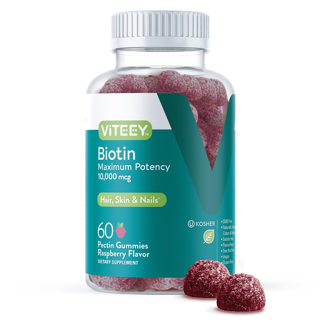 毛皮および釘のためのViteeyのビオチンのグミ - 毛の成長のグミのためのBiotin - 10,000のmcg - ビーガン、グルテンフリー、非GMO - 60の計算