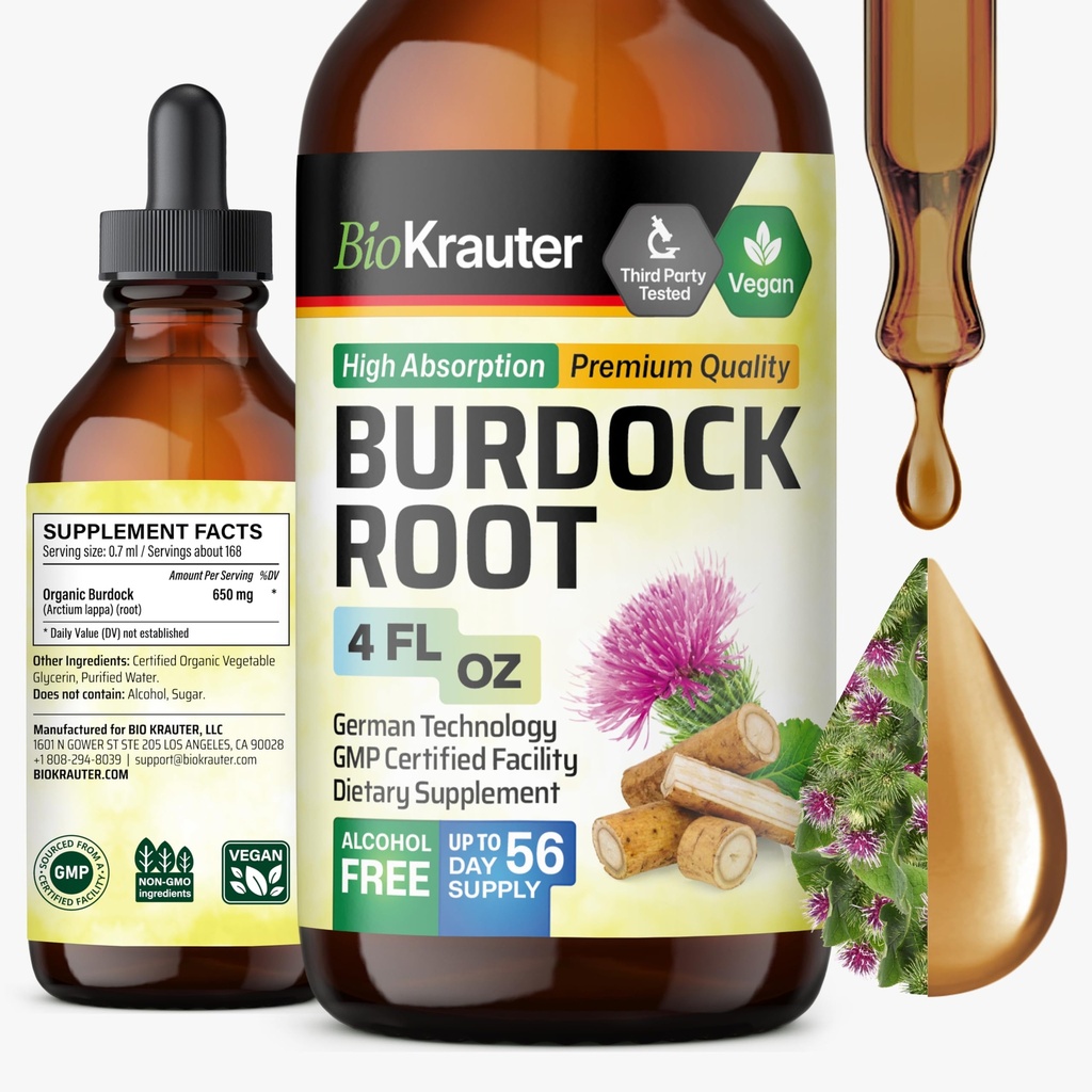 BIO KRAUTER Burdock Root Tincture - 酸化防止剤サポート液体サプリメント - Burdock Root抽出物 - アルコールと砂糖無料 - ビーガンドロップ 4 Fl.Oz.