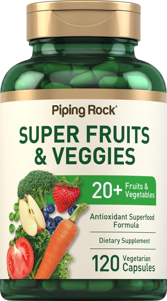 Piping Rock Fruits and Veggies Supplement | 120 Capsules | Plus 20 Fruit and Vegetables | Antioxidant Superfood Formula | Daily Multivitamin | Vegetarian, Non-GMO, Gluten Free