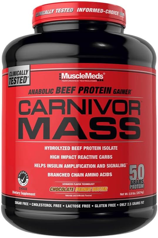 MuscleMeds CARNIVOR Mass Gainer Beef Protein Isolate Shake, 50 Grams Protein, 125 Grams Carbs, 0 Fat, 0 Sugar, Lactose Free, Halal Certified, Chocolate Peanut Butter, 6 Pound