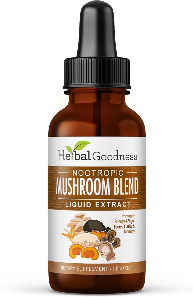 Nootropic 8-in-1 キノコ抽出液 - 1 fl. oz ボトル | ライオンズ マネ, 礼石, トルコ テール, コーディプス, チャガ, 舞茸, 椎茸 & オイスターマッシュルーム | 免疫サポートと認知機能