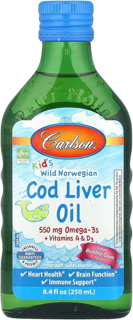 Carlson Kid's Wild Norwegian、Cod Liver Oil + Vitamins A&D3、バブルガム、8.4 fl oz(250 ml)