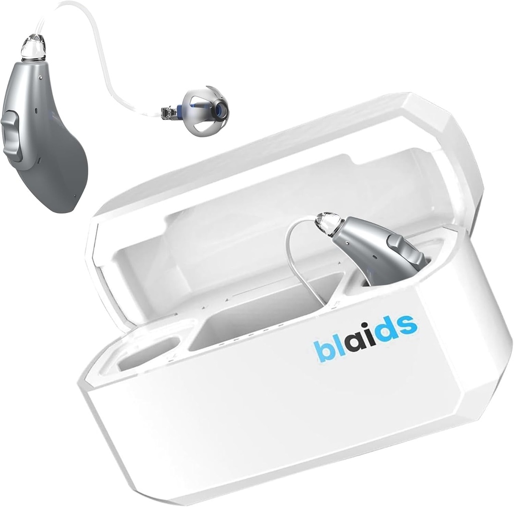 BlaidsX Neuro 充電式 RIC + モバイル アプリの聴覚テストとノイズキャンセレーションで大人のためのプログラム可能な補聴器, シニアのための補聴器, デュアルマイク & 96 DSP チャネル. 米国製プロセッサー