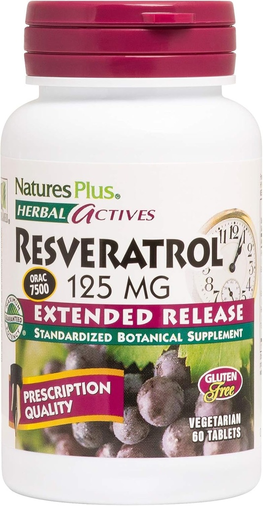 Natures Plus Herbal Actives Resveratrol、拡張リリース - 125 mg、60ベジタリアンタブレット - グルテンフリー - 30サービング