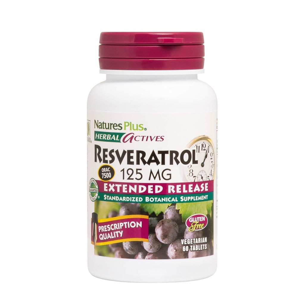 Natures Plus Herbal Actives Resveratrol、拡張リリース - 125 mg、60ベジタリアンタブレット - グルテンフリー - 30サービング