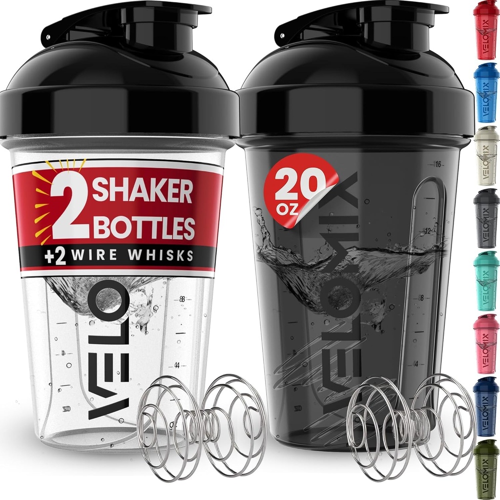 VELOMIX -2 パック - 20 oz プロテインミキサー用プロテインシェーカーボトル - 2x ワイヤーウィスク | リーク プロテインシェークとプレワークアウトのためのプルーフシェーカーカップ | タンパク質シェーカーボトルパック(黒/透明)