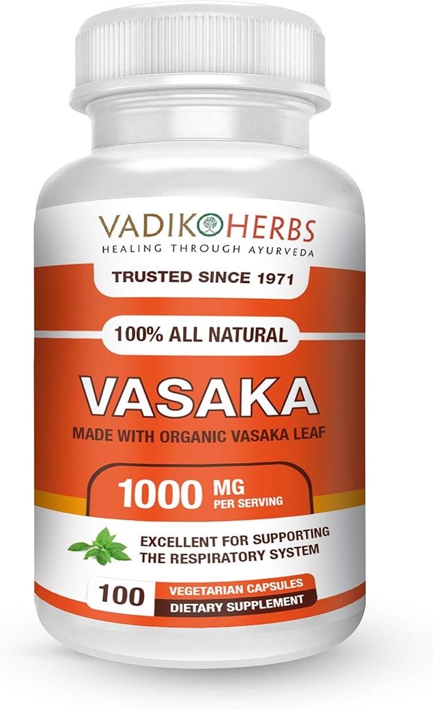 Vadik Herbs 認定有機バサック | ヴァサカ(Justicia adhatoda)パウダー | 100 野菜 | 米国製安全試験 | Lungs とヘルシーな呼吸機能の適切な機能に役立ちます (100 ベジカプス)