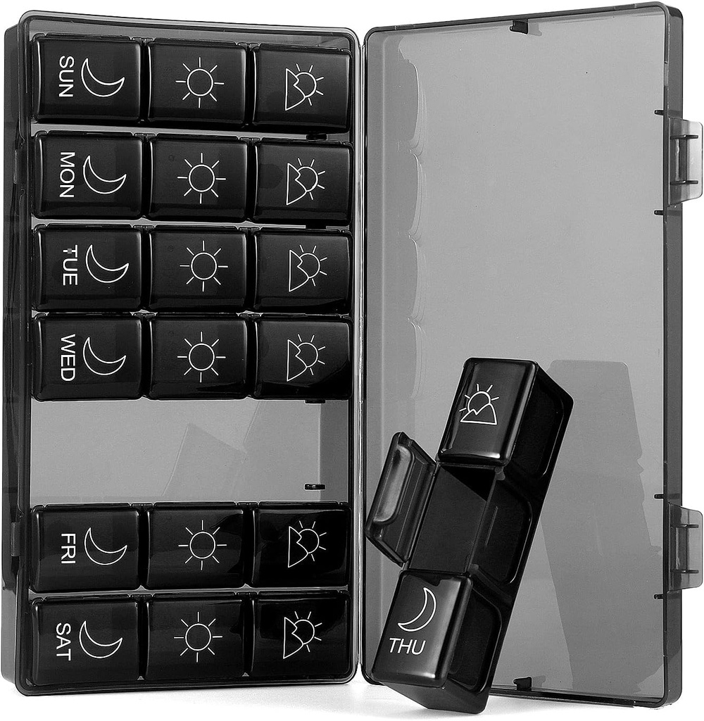 ウィークリーピルオーガナイザー7日3回、ポータブルピルオーガナイザー、BPAフリーピルケース、旅行毎日のピルボックスリマインダー、ビタミン、サプリメント(ブラック1)のための薬効オーガナイザー