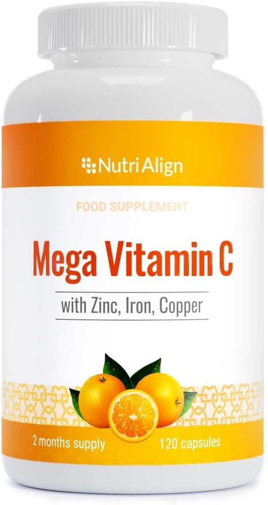 Nutri-AlignメガビタミンC | 120 高強度ビタミンC 1000mgカプセル - ビタミンCと亜鉛、鉄&銅サプリメント | VIT Cサプリメント | グルテン&砂糖無料 | 強力な抗酸化剤
