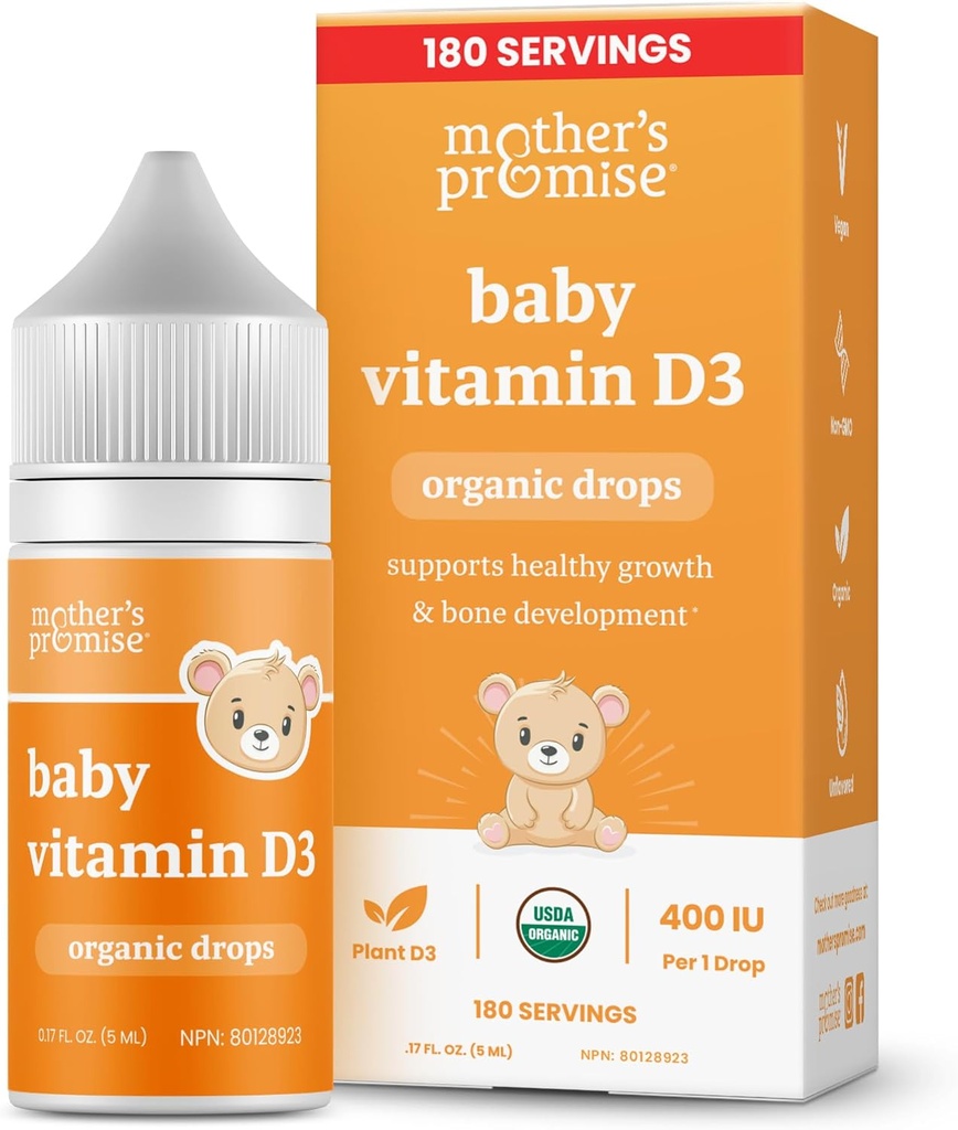 Mother's Promise Organic Baby Vitamin D Drops | 100% Plant Based | Healthy Growth & Bone Development | Age Newborn+ | 180 Servings | Baby Vitamin D3 Liquid for Infants & Toddlers | 400 IU for Babies