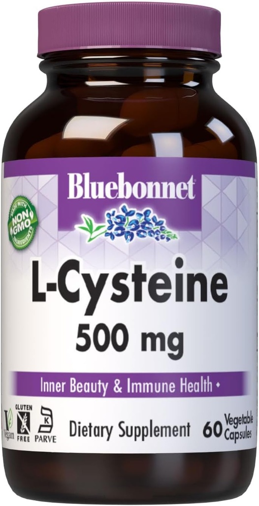 Bluebonnet栄養L-Cysteine 500mg、フリーフォームアミノ酸、ヘルシースキン、髪と爪、大豆フリー、グルテンフリー、非GMO、コーシャ認定、ビーガン、白、60野菜カプセル