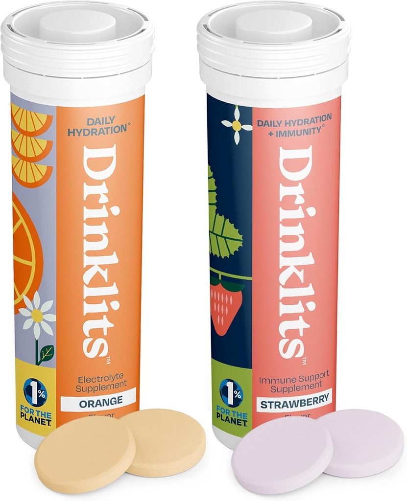 Drinklits Orange Daily Hydration Tablets + Strawberry Immunity Tablets (2) Tube Pack | Essential Electrolytes – Great Taste – Immune Support | 20 Servings (10 Tablets Per Tube)