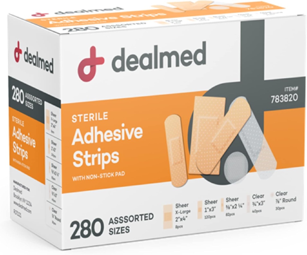 Dealmed Assorted Variety Pack Flexible Adhesive Bandages Sterile Bandage Strips with Non-Stick Pad, Latex Free, Wound Care for First Aid Kit (280 Bandages)