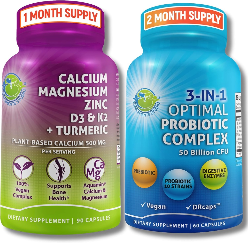 Bone Health & Gut Support Bundle – 3-in-1 Probiotic 50 Billion CFU, Prebiotic and Digestive Enzymes + Plant-Based Calcium, Magnesium, Zinc, D3, K2 & Organic Turmeric – Vegan, Non-GMO, Clean Label
