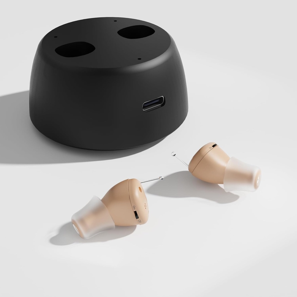 充電式補聴器、大人用OTC補聴器、シニアコンフォート用カナル補聴器デバイスで完全にインビジブル(ペア)(ベージュカラー)