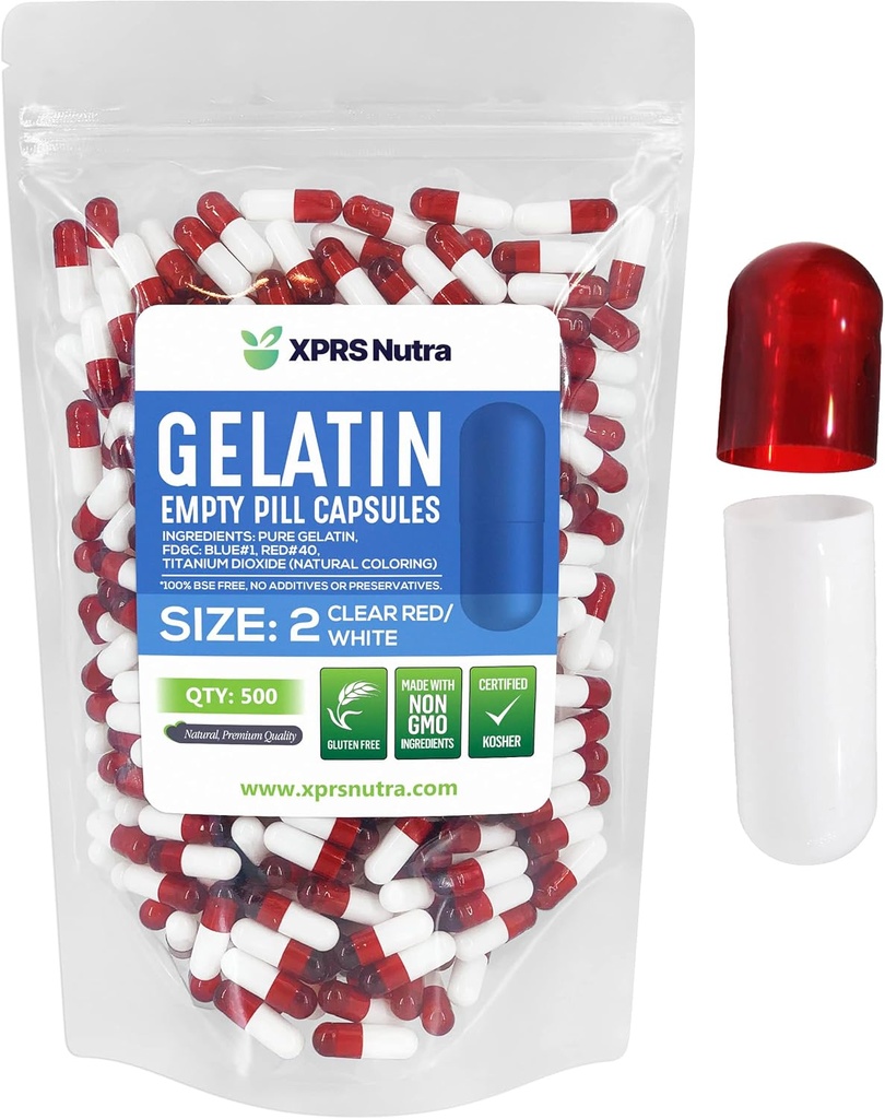 XPRSのNutraのサイズ2の空のカプセル- 500の計算の空のゼラチンのカプセル-Pills DIYのカプセルの詰物-Do-It-Yourselfの補足のための純粋な牛のゲルの帽子(明確に赤/白)