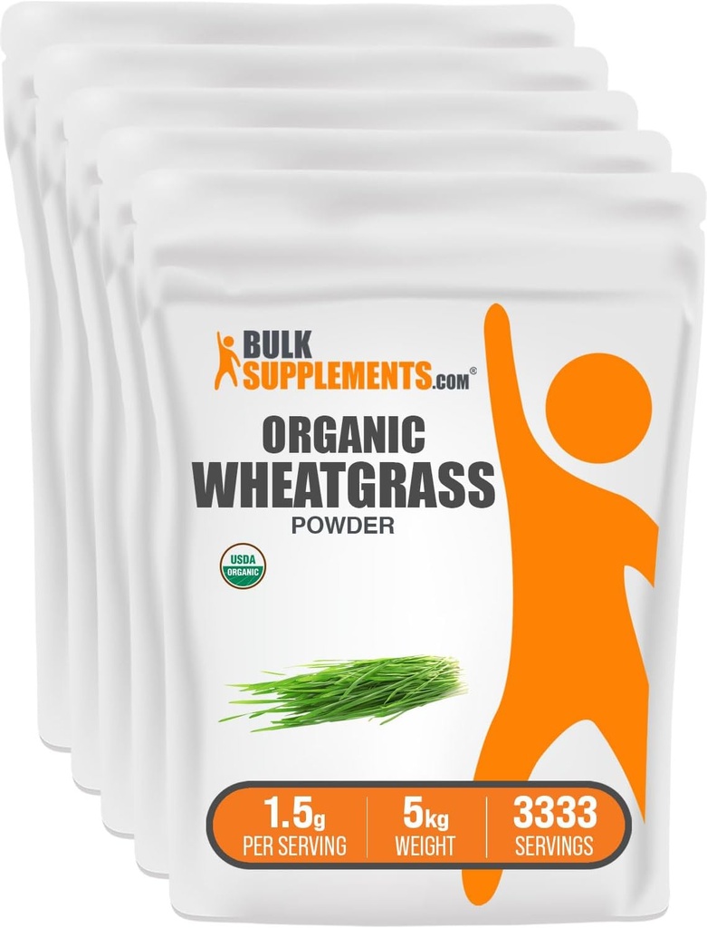 BulkSupplements.com 有機小麦草パウダー - 有機スーパーグリーンパウダー、スーパーフードサプリメント - ビーガン&グルテンフリー、1.5g/サービング、1kg(2.2ポンド)(5パック)