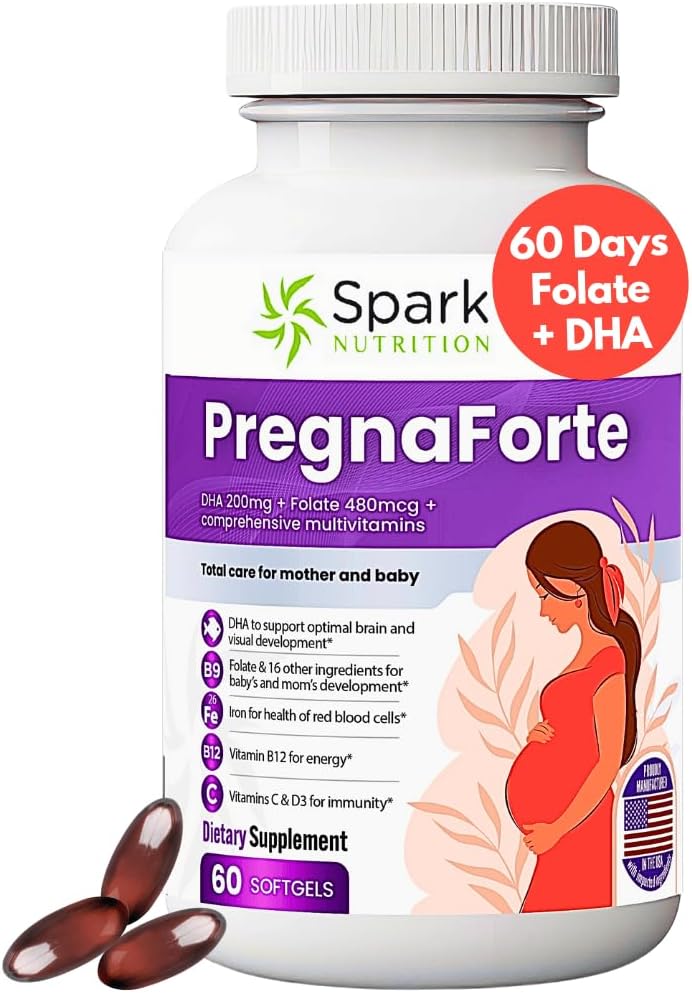Pregnaforte 女性のための1日のPrenatalビタミン2か月:葉酸、魚油オメガ3 DHA/EPA、ビタミンD3、B6、Vitmain B12、C、E、カルシウム、鉄、マグネシウム、亜鉛サプリメントFSAの適性マルチビタミン