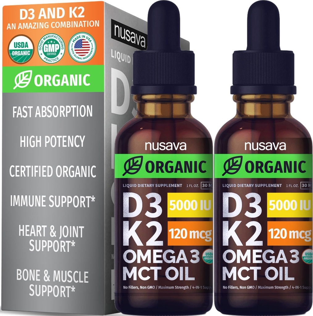 (2 Pack) Organic Vitamin D3 K2 Drops with MCT Oil, Omega 3, 5000 IU - Vitamin D Liquid, No Fillers, Non-GMO D3 for Body’s Defenses and Faster Absorption, Unflavored, 2 Fl Oz