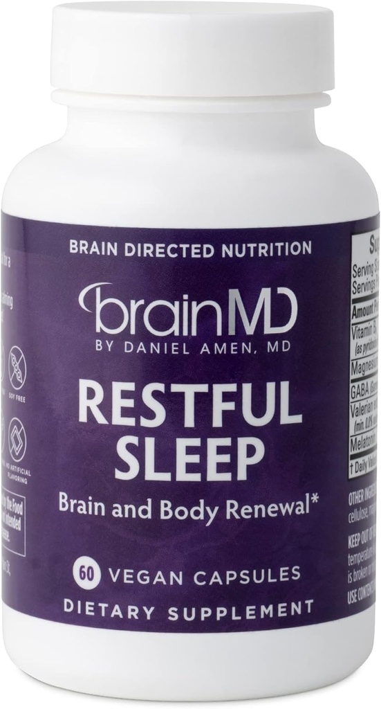 Dr. Amen brainMD Restful Sleep - 60 Capsules - Promotes Relaxation & Calm, Contains Melatonin, Valerian, GABA & Magnesium, Non-Habit Forming - Gluten-Free - 15 Servings