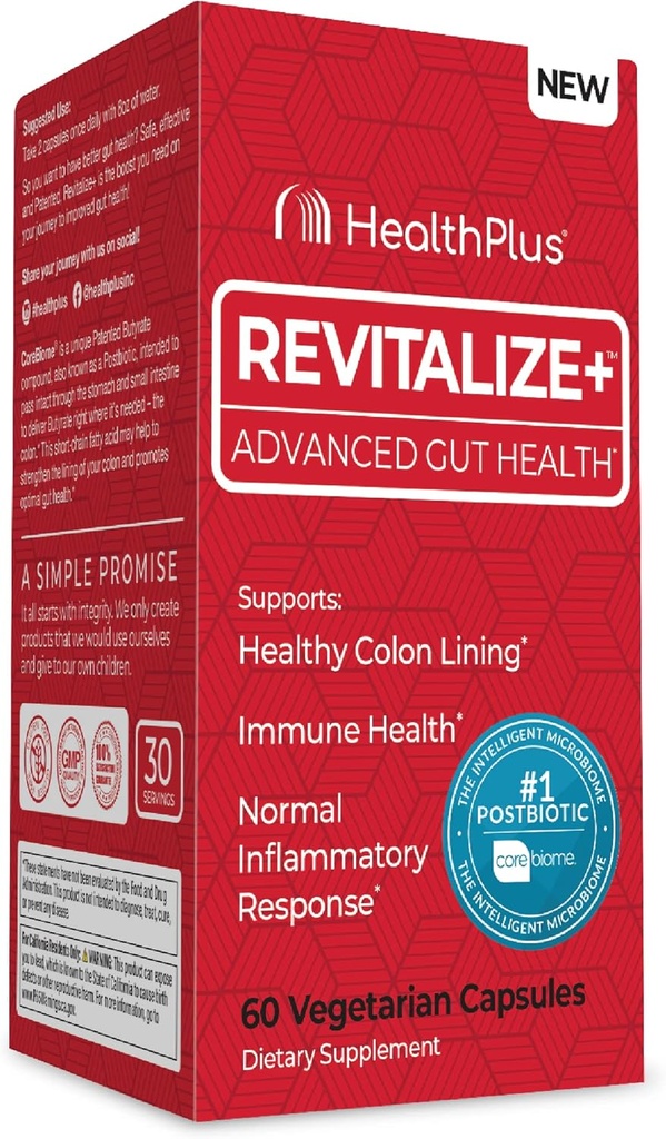 健康プラス Revitalize+ コアビオムトリブチリン 消化管の健康、リーキーグット、コロン | 男性と女性のための腸の健康補助食品 | 60 カプセル、30 サービング