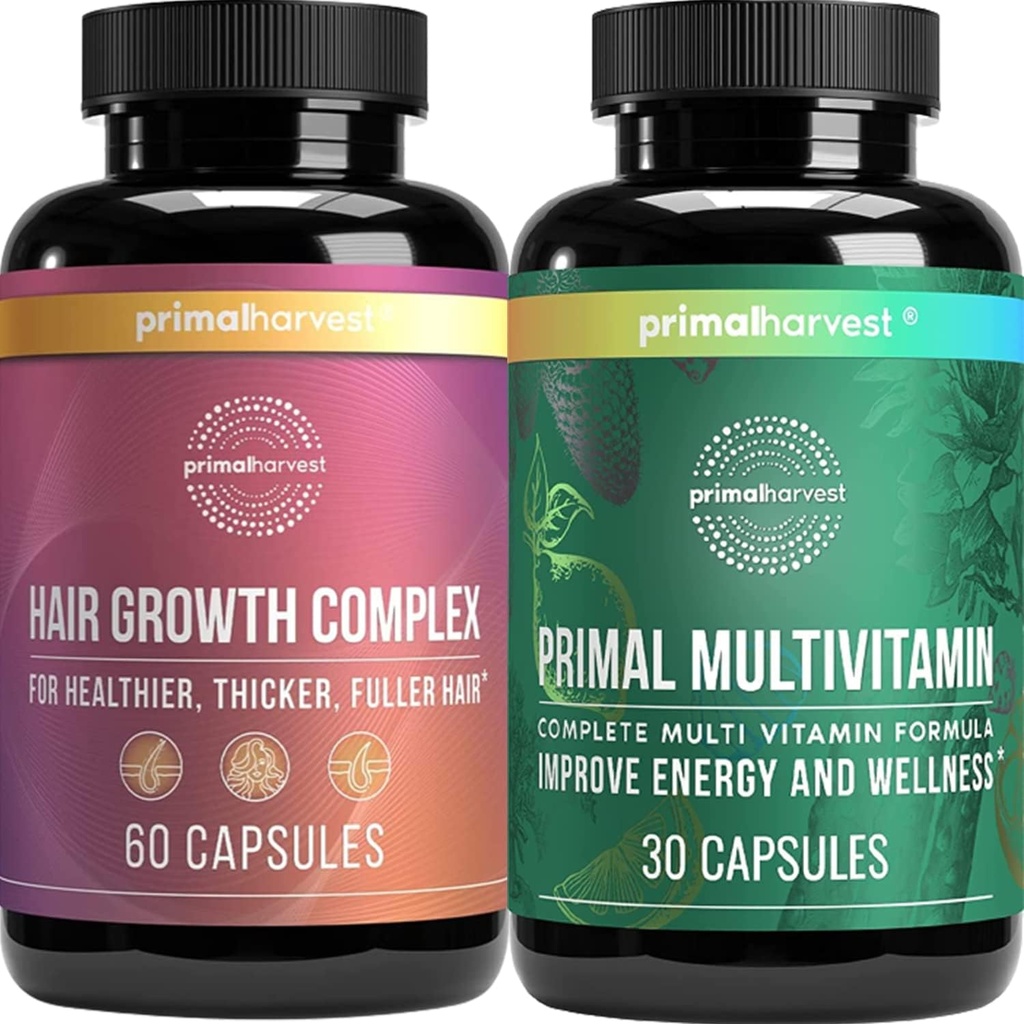 Primal Harvest Hair Growth & Multivitamin Supplements for Women and Men Multi Vitamin Capsules and Hair Regrowth Complex Pills Bundle